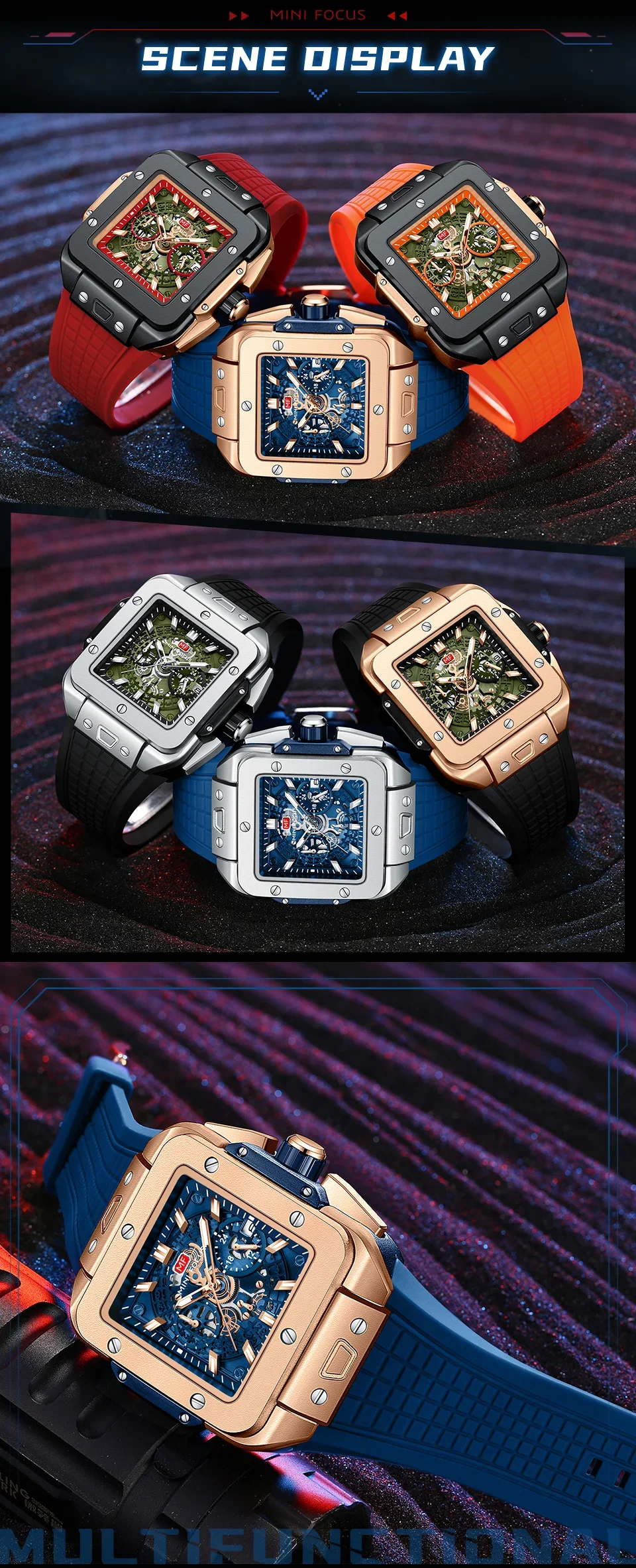 MINI FOCUS MF0475G Casual Men's Square Skeleton Dial Sports Watch