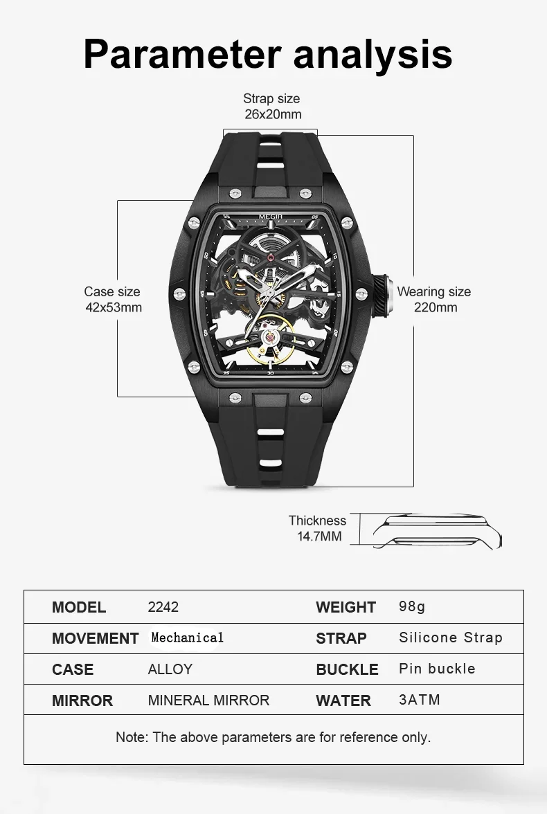 Megir 2242G automatic movement visible