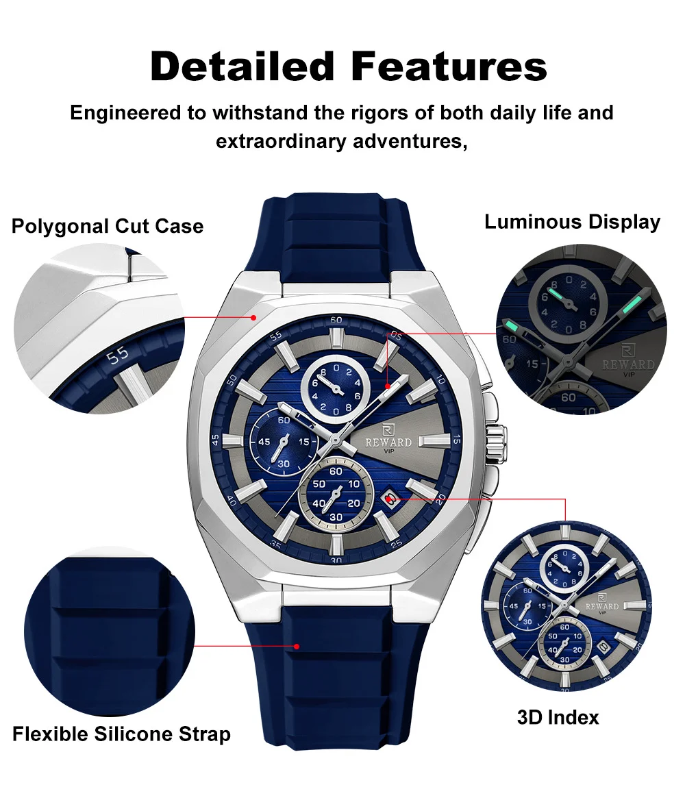 Close-up of the chronograph sub-dials on the Reward watch