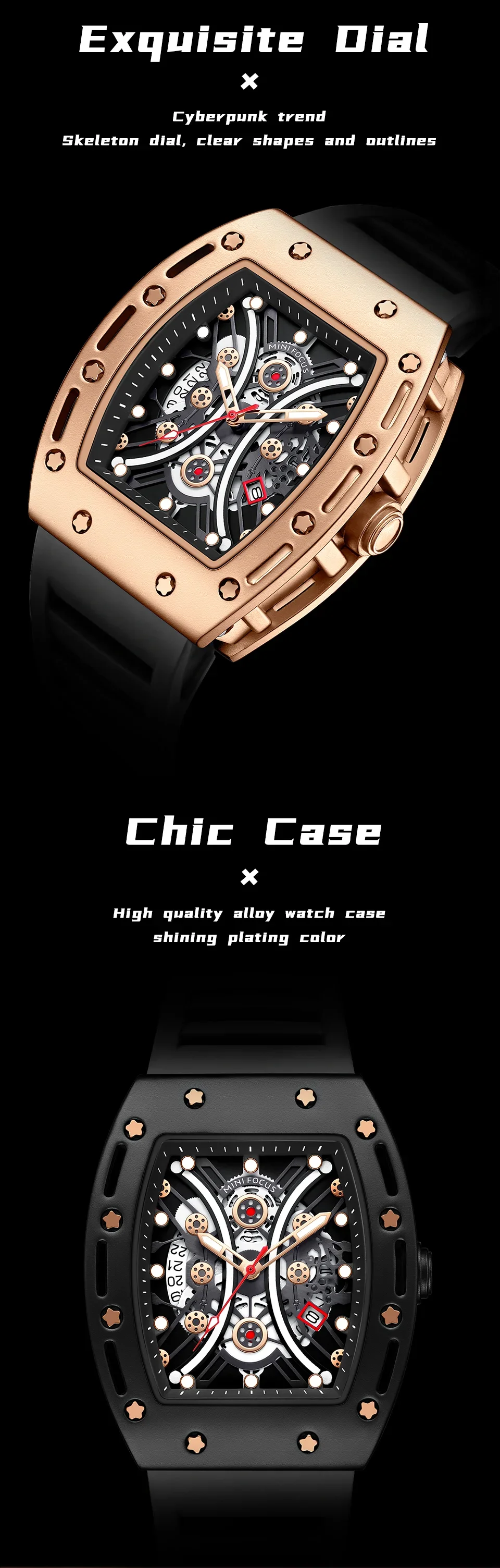 Wholesale MINI FOCUS MF0420G Men's Tonneau Quartz Watch – Curved Crystal Skeleton Dial Sport Watch Supplier