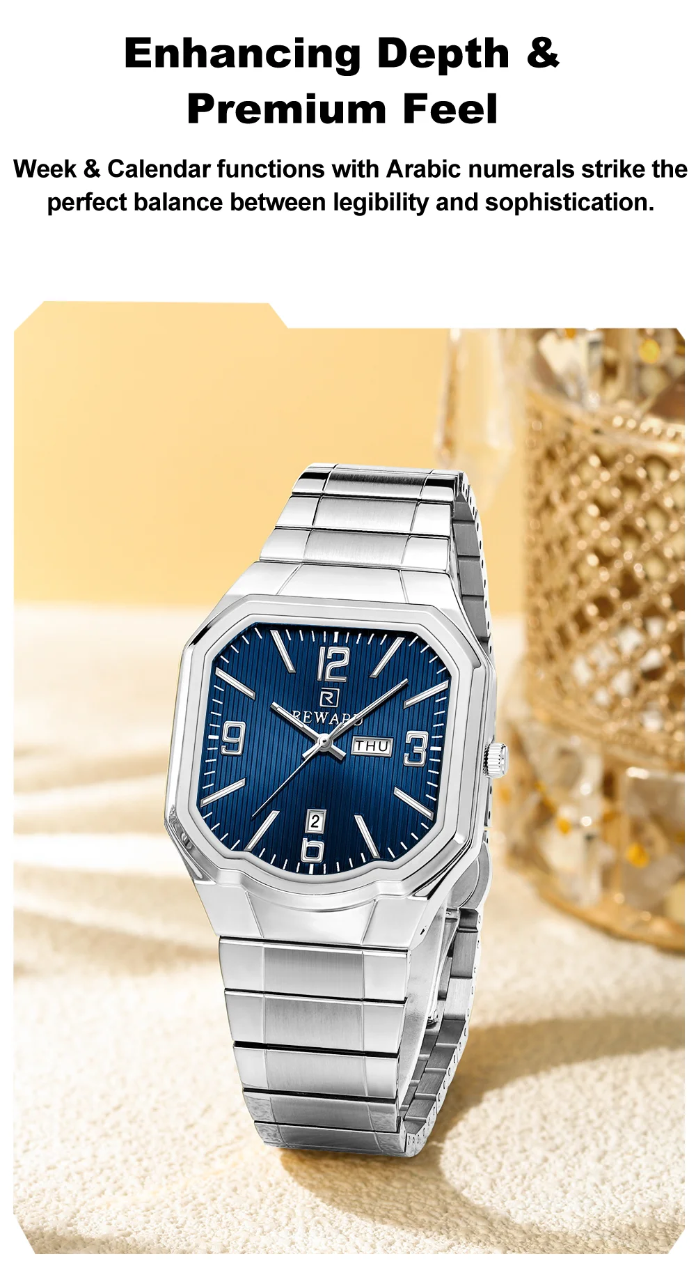 REWARD RD613377M Men's Large Square Waterproof Quartz Steel Watch