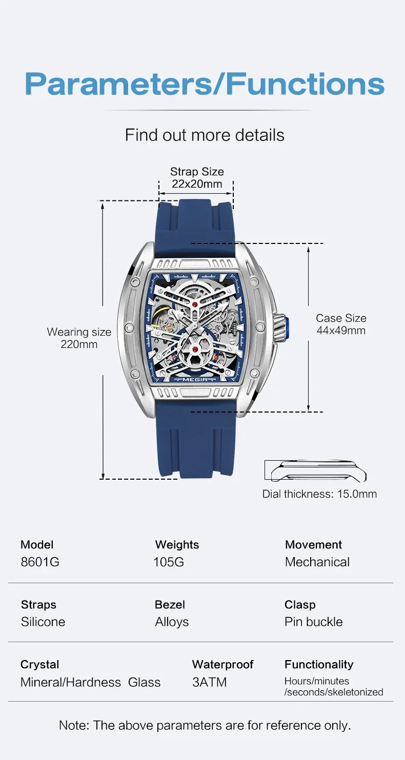 Megir 8601 men's watch with square alloy case and skeleton dial