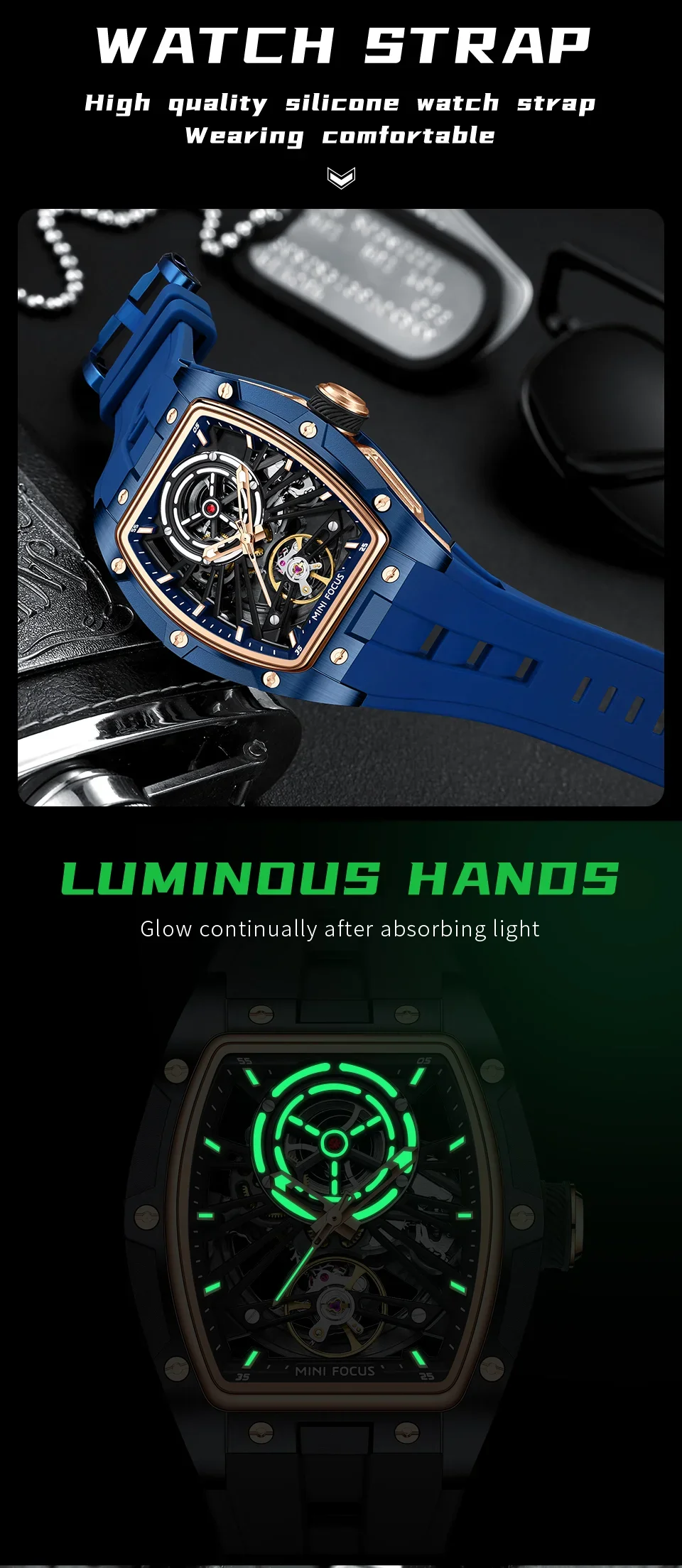 MINI FOCUS MF0603G Steel Skeleton Automatic Mechanical Mens Watch