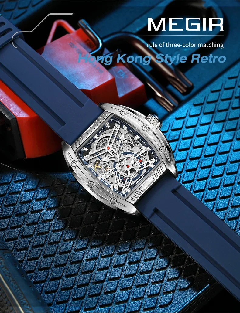 Megir 8601 Square Skeleton Automatic Mechanical Mens Watch Factory Direct