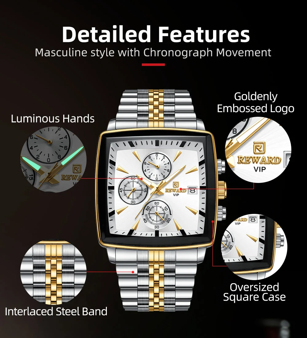 REWARD VIP RD81100M Multi-function Square Business Watch for Men