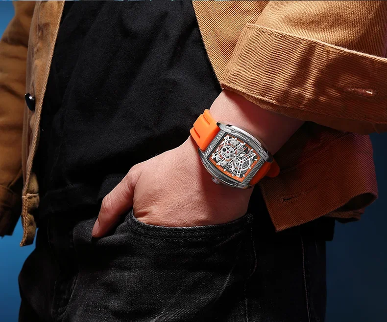 Megir 8601 Square Skeleton Automatic Mechanical Mens Watch Factory Direct