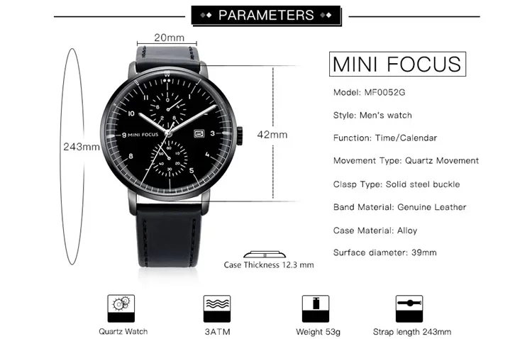 MINI FOCUS MF0052G Curved Glass Leather Quartz Men Watch Wholesale Supplier