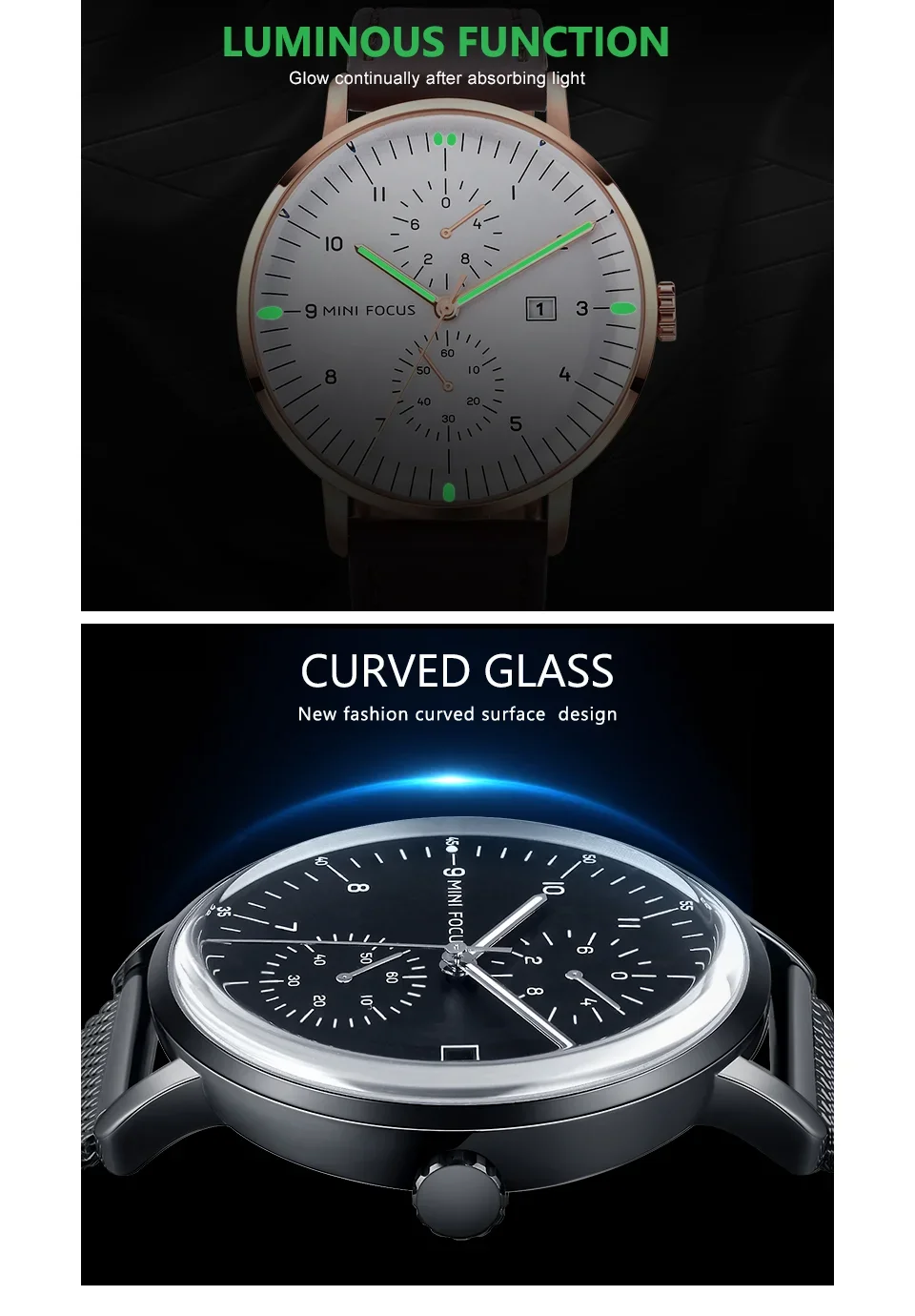 MINI FOCUS MF0052G Curved Glass Leather Quartz Men Watch Wholesale Supplier