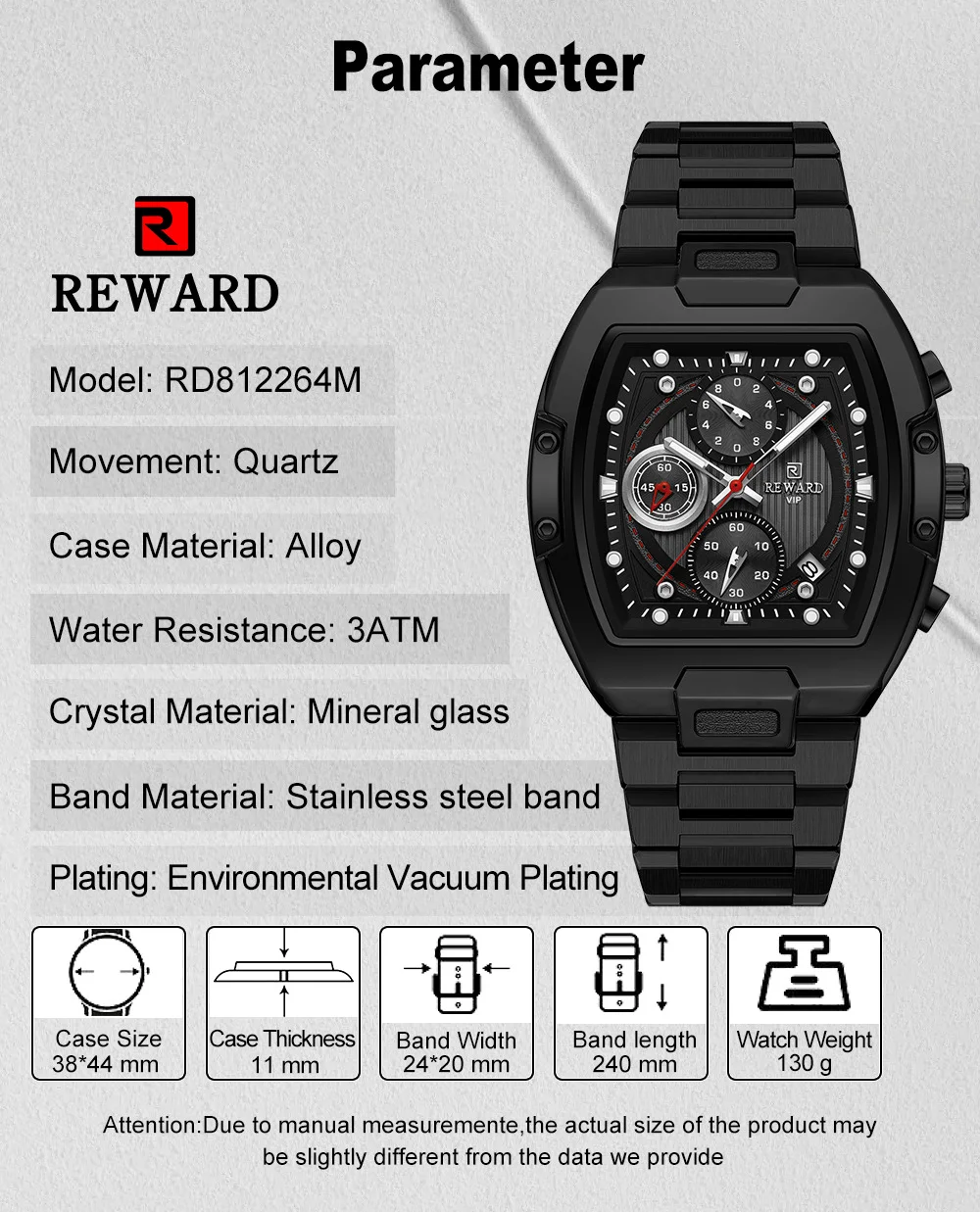 Side profile showing the tonneau-shaped alloy case of the Reward watch