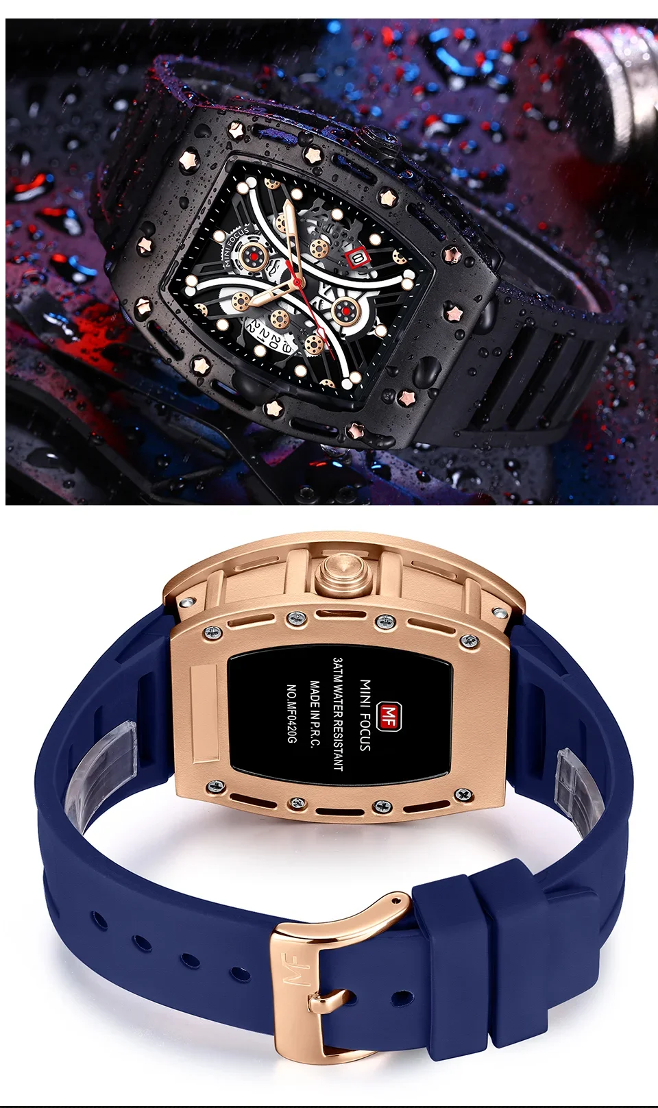 Wholesale MINI FOCUS MF0420G Men's Tonneau Quartz Watch – Curved Crystal Skeleton Dial Sport Watch Supplier