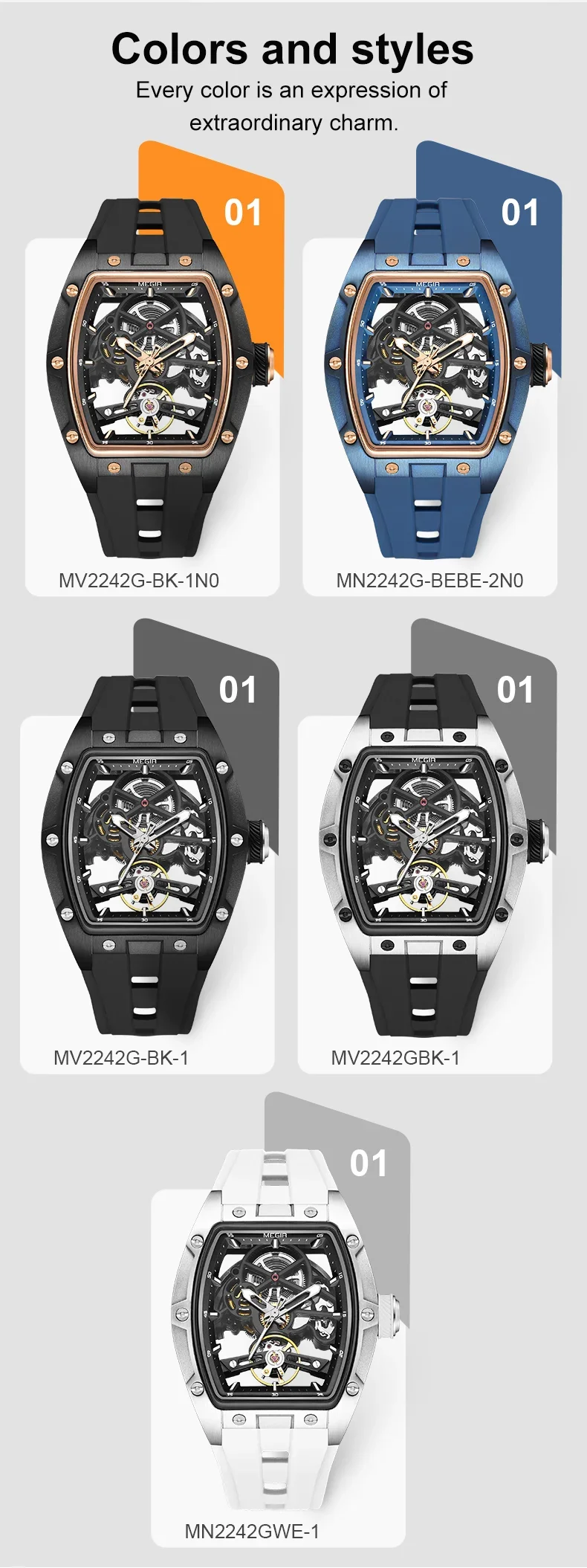 Megir 2242G skeleton dial close-up