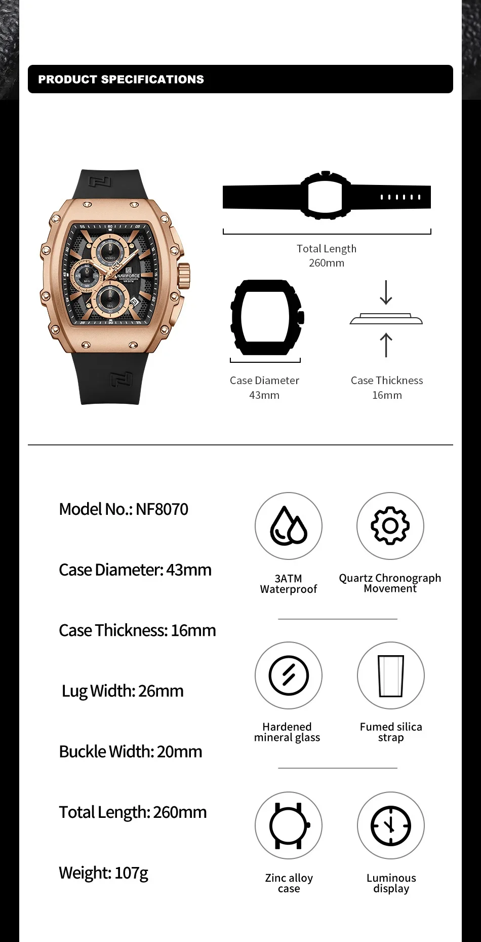 NAVIFORCE NF8070 3-Subdial Men's Sports Waterproof Quartz Watches