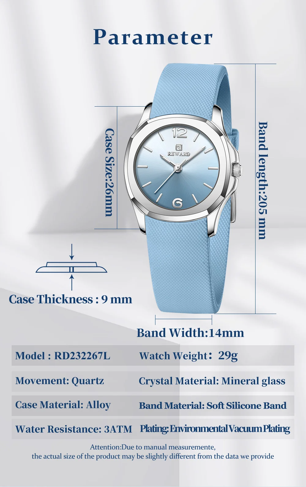 REWARD RD232267L Elegant Women's Silicone Strap Quartz Watch 30M Water Resistant