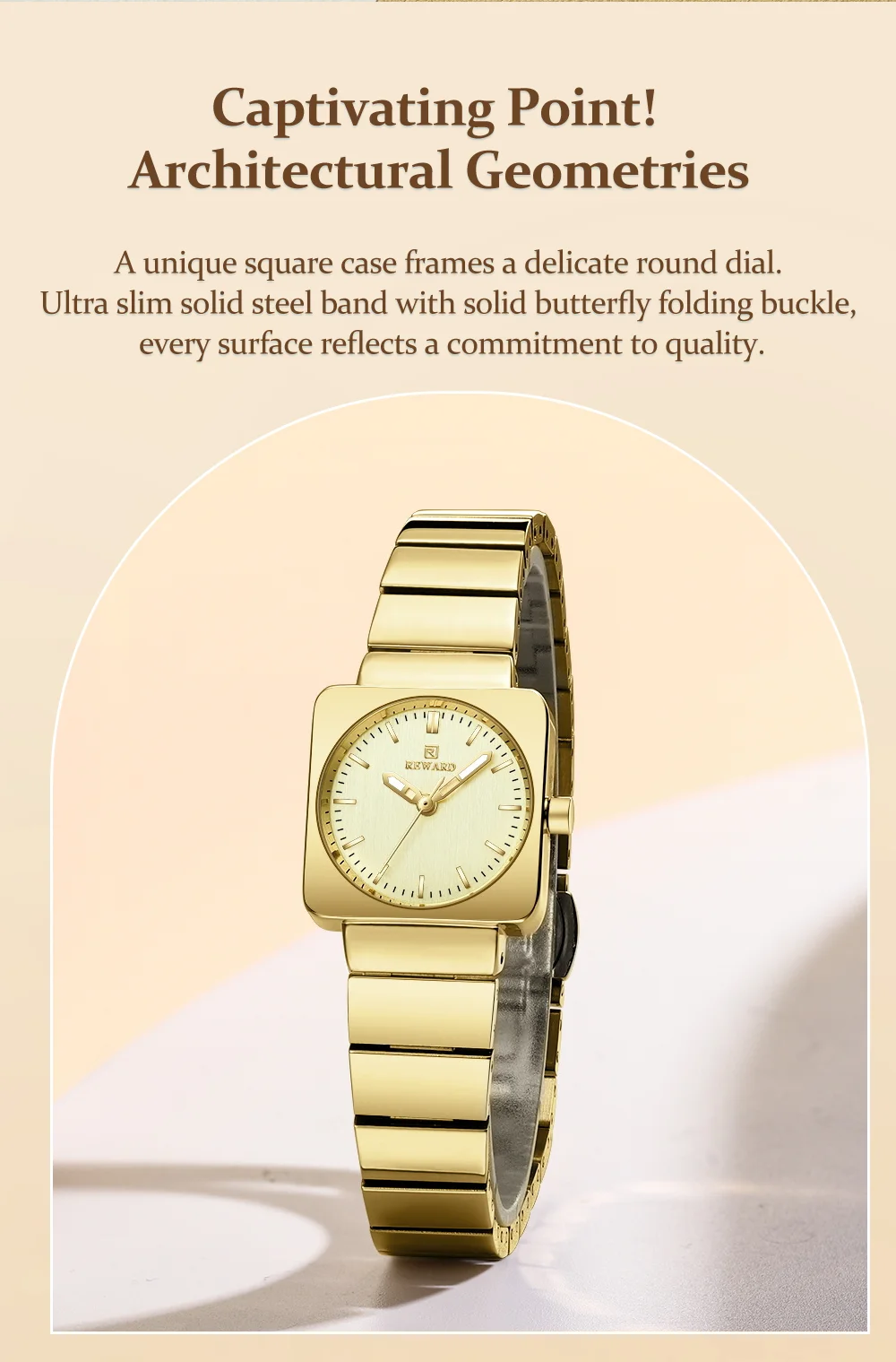 Reward RD212526L Women Square Case Round Dial Luminous Vintage Slim Watch