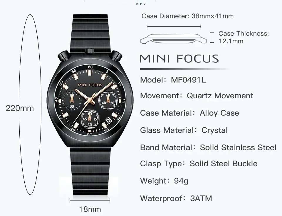 MINI FOCUS MF0491L three-eye six-hand dial close-up
