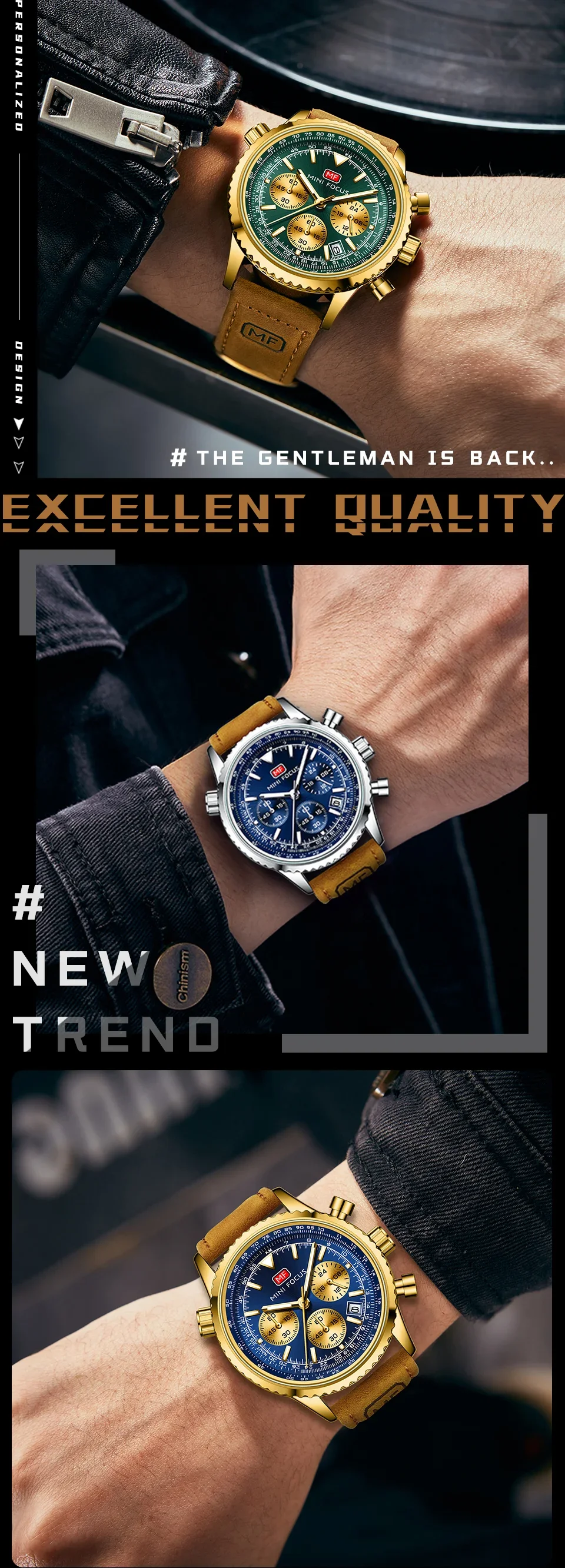 Mini Focus MF0463G Leather Straps Fashion Men Multifunction Chronograph Watches