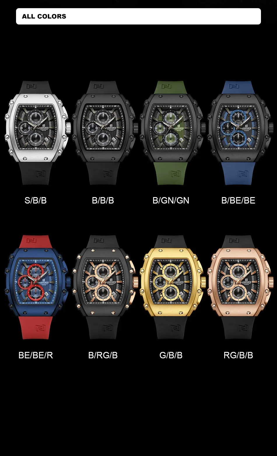 NAVIFORCE NF8070 men's sports quartz watch with three subdials