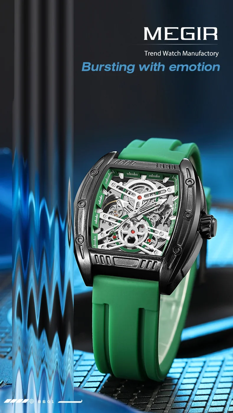 Megir 8601 skeleton dial close-up showing exposed automatic movement