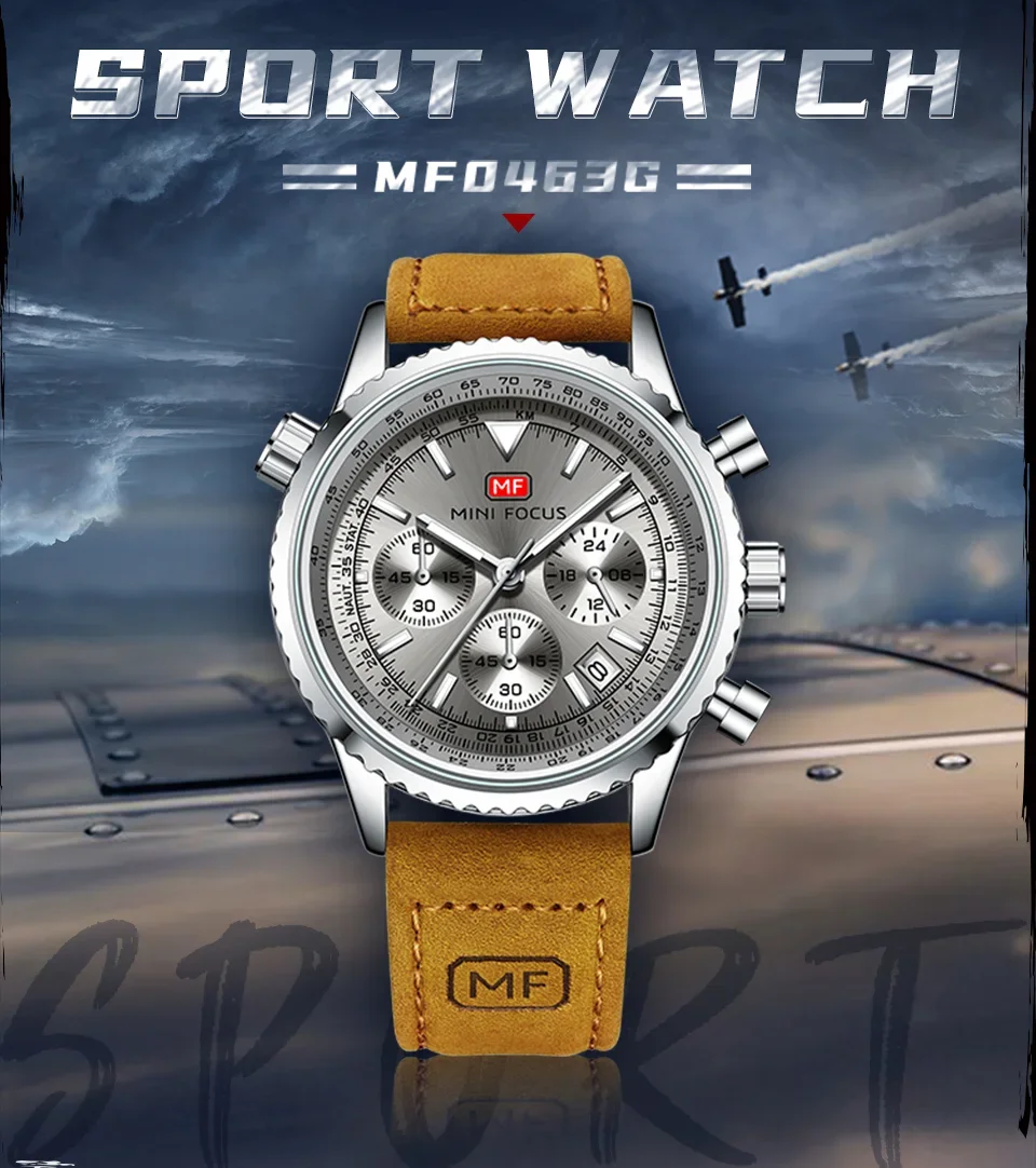 Mini Focus MF0463G Leather Straps Fashion Men Multifunction Chronograph Watches