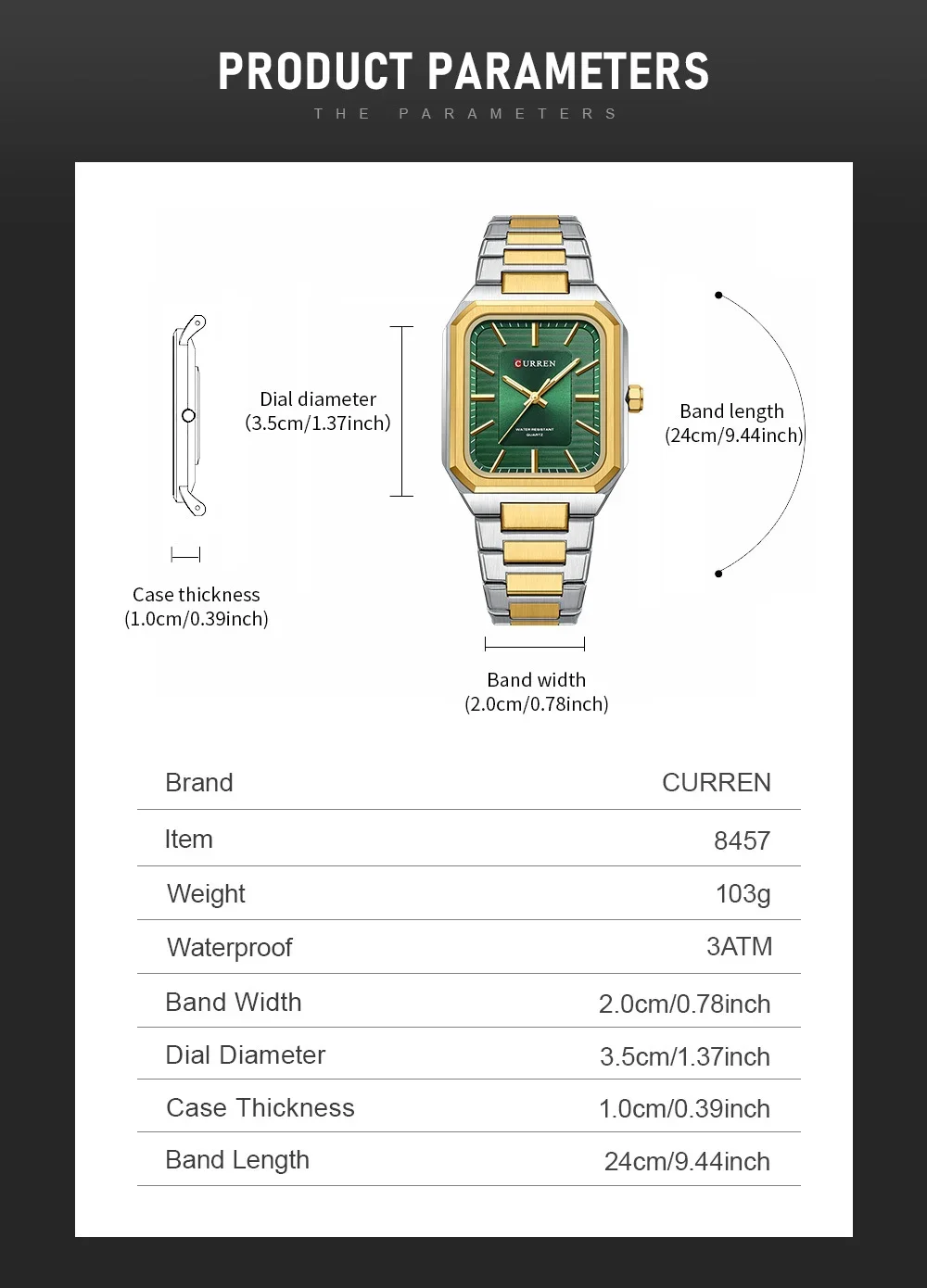 Curren 8457 watch side profile showing alloy case