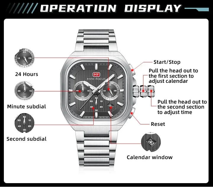MINI FOCUS MF0622G Men's Quartz Luminous Square Watches Auto Date