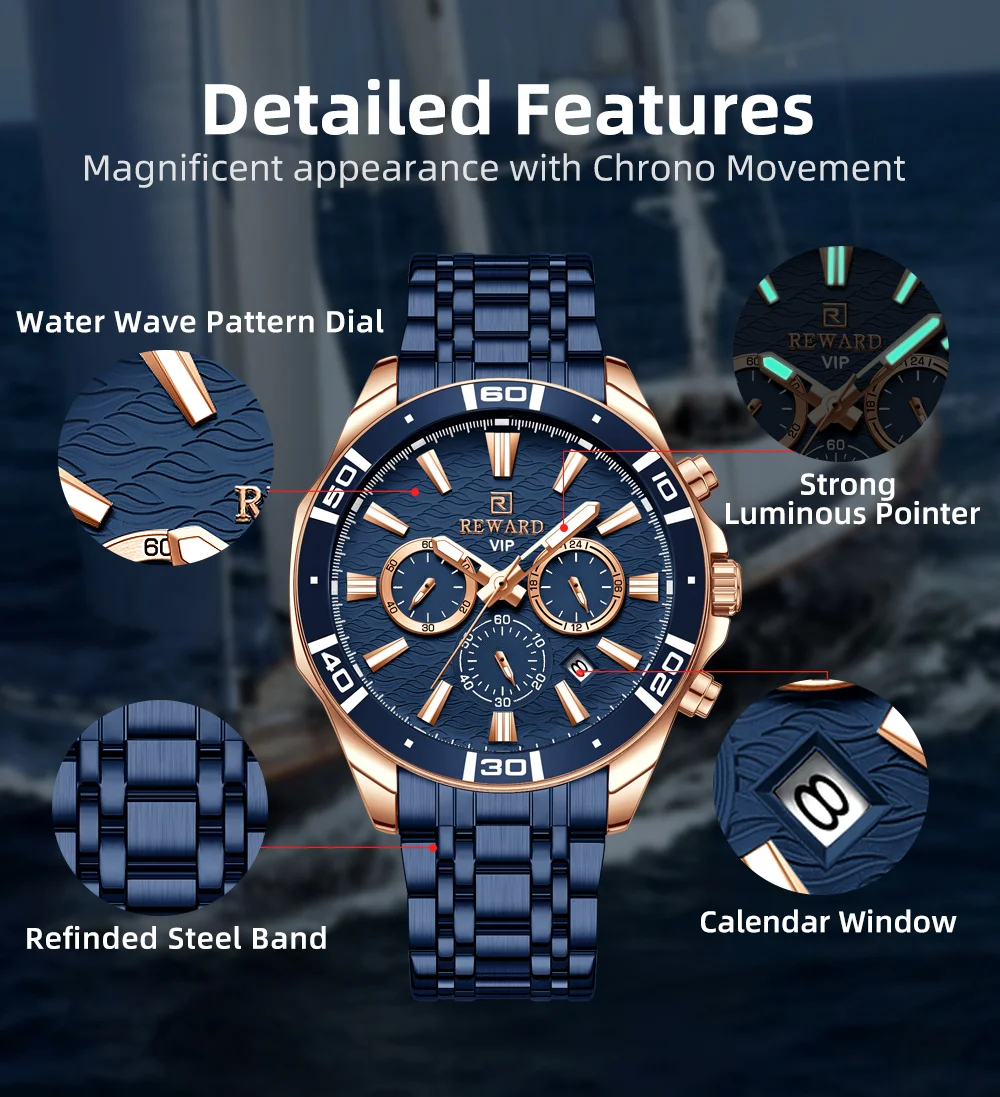 Reward VIP Watch Wave Dial Luminous Stainless Steel Fashion Watches RD81134M