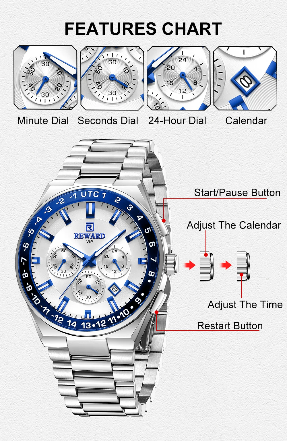 Reward 2026 Mens Luxury Wristwatch Solid Stainless Steel Band Waches RD813150M