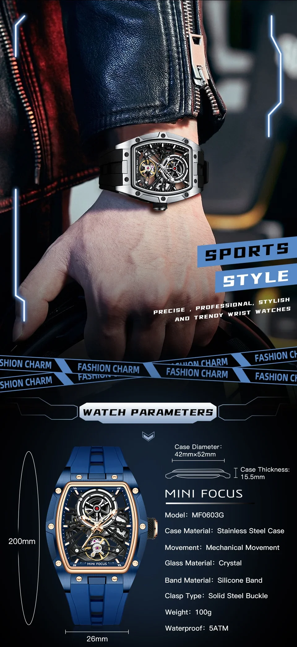 MINI FOCUS MF0603G Steel Skeleton Automatic Mechanical Mens Watch