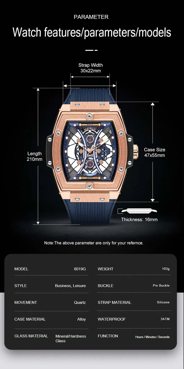 Side profile of Megir 8109 chronograph showing silicone strap