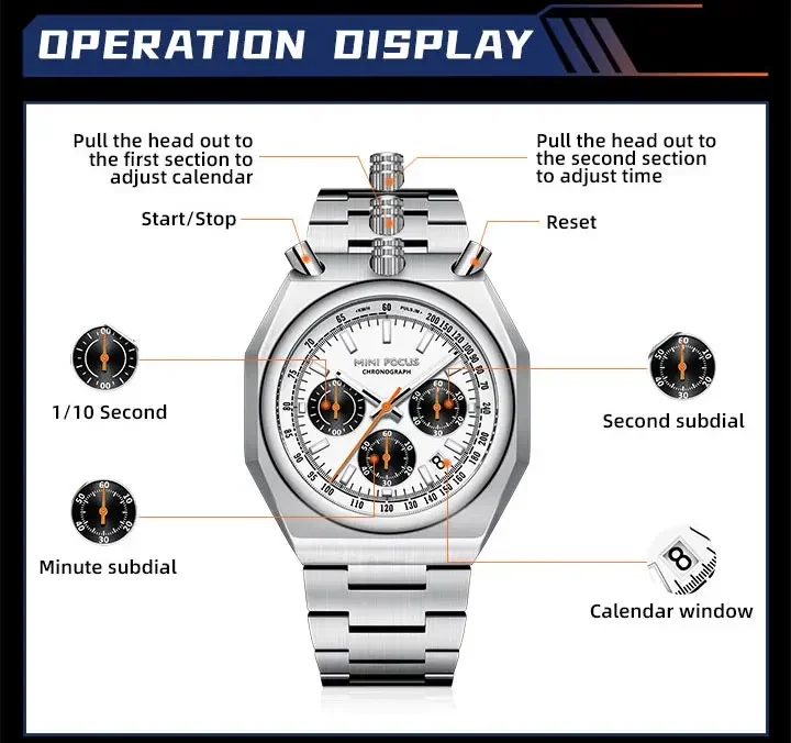 MINI FOCUS MF0601G Wholesale Men's Retro Quartz Watch-Luminous Pulsometer Chronograph Steel Band