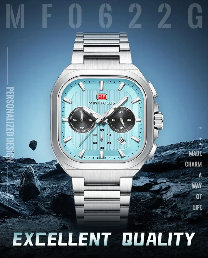 MINI FOCUS MF0622G Men's Quartz Luminous Square Watches Auto Date