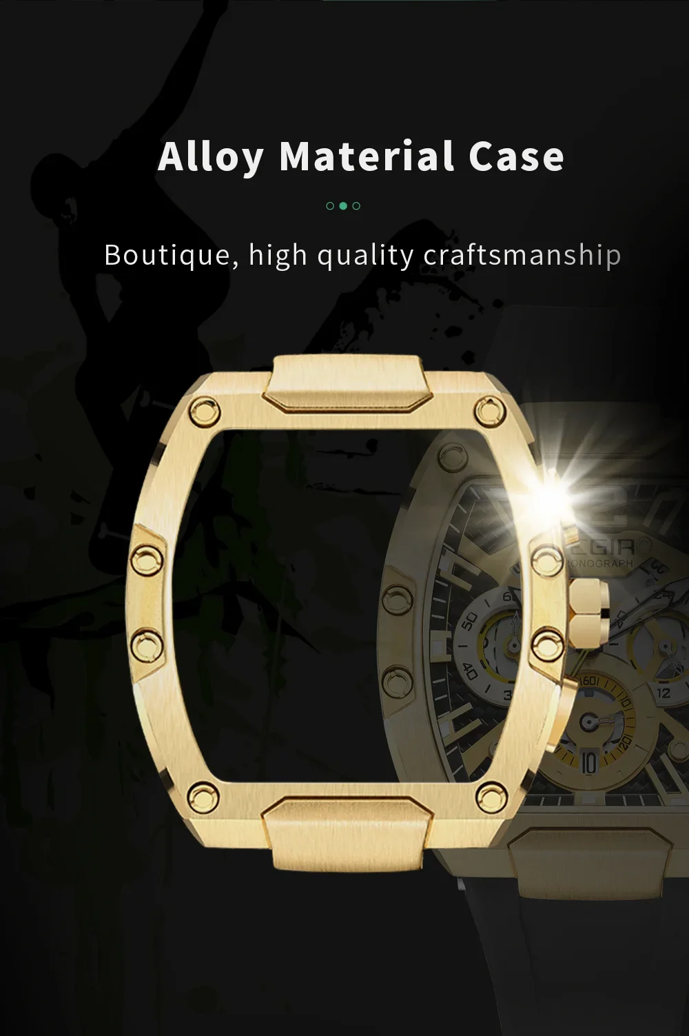 Close up of Megir 8112G soft silicone strap and alloy case