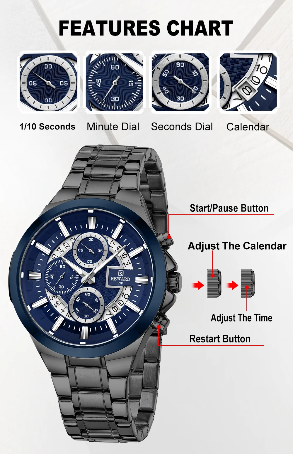 REWARD RD812269M chronograph dial closeup