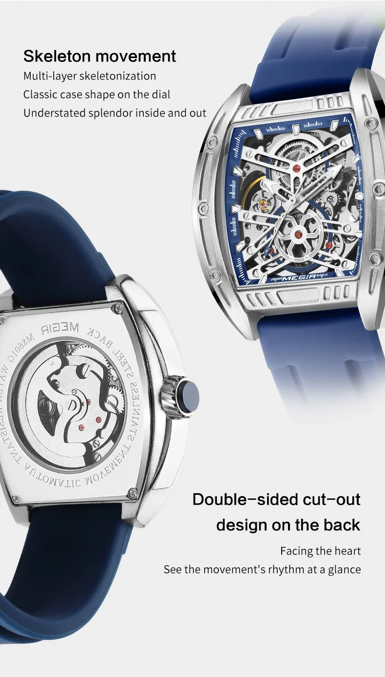 Megir 8601 Square Skeleton Automatic Mechanical Mens Watch Factory Direct