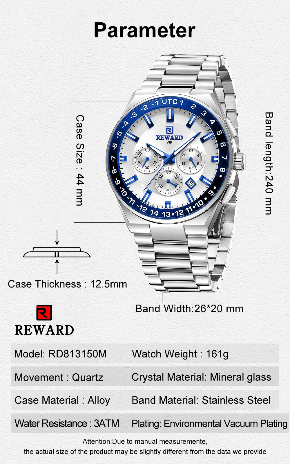 Reward 2026 Mens Luxury Wristwatch Solid Stainless Steel Band Waches RD813150M