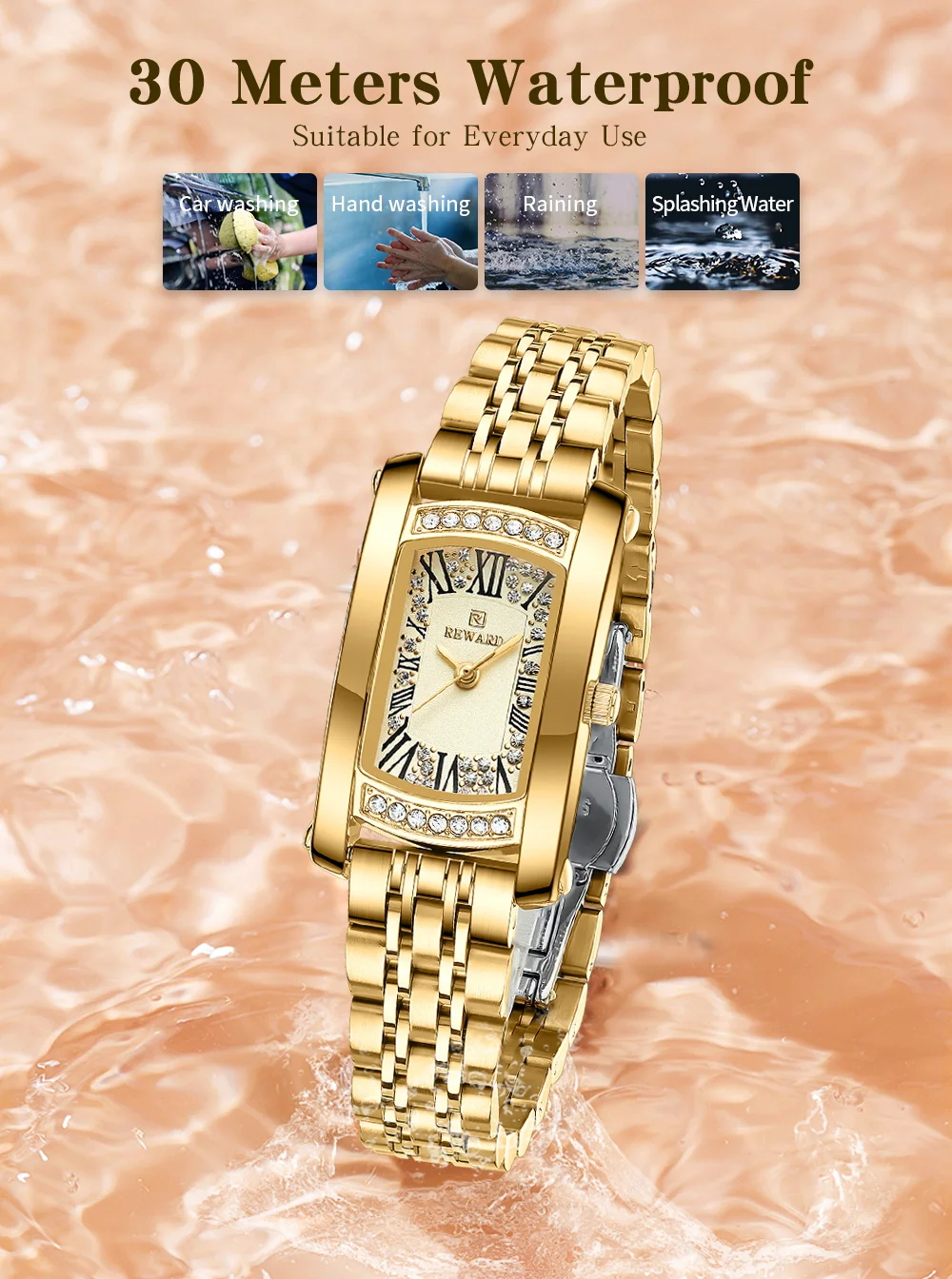 REWARD RD21551L Women's Diamond Rectangle Steel Strap Quartz Watch