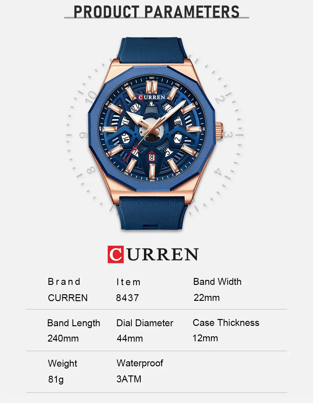 Close-up of the durable silicone strap on the Curren 8437 watch