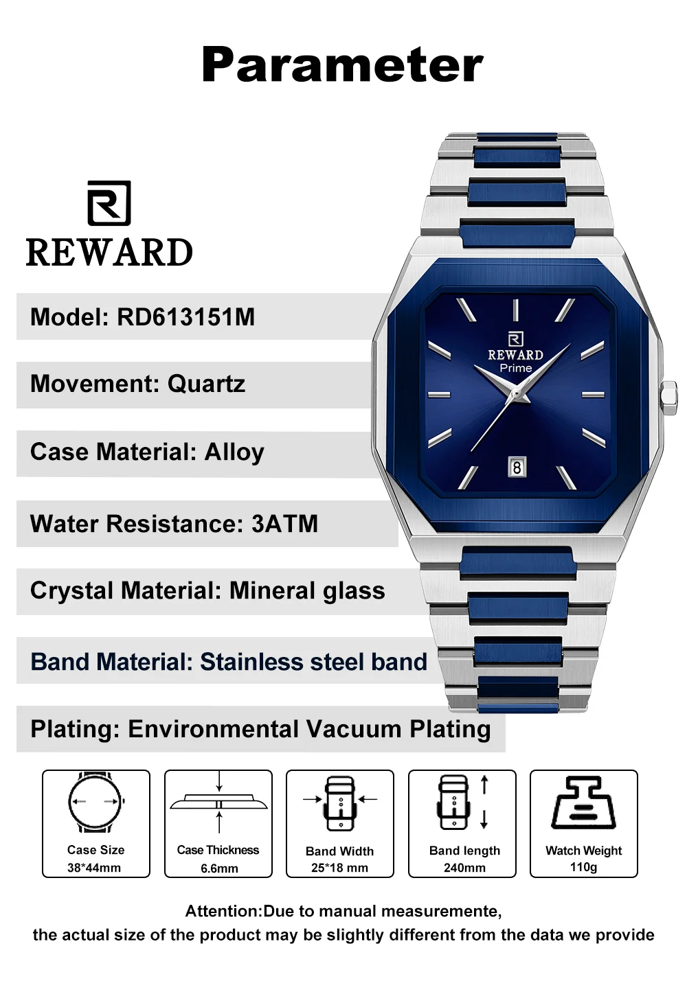 Close-up of the alloy case and steel bezel of the REWARD watch