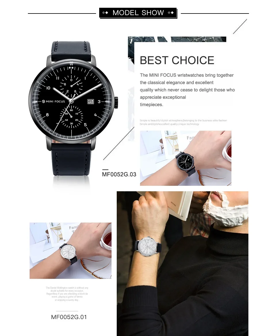 MINI FOCUS MF0052G Curved Glass Leather Quartz Men Watch Wholesale Supplier