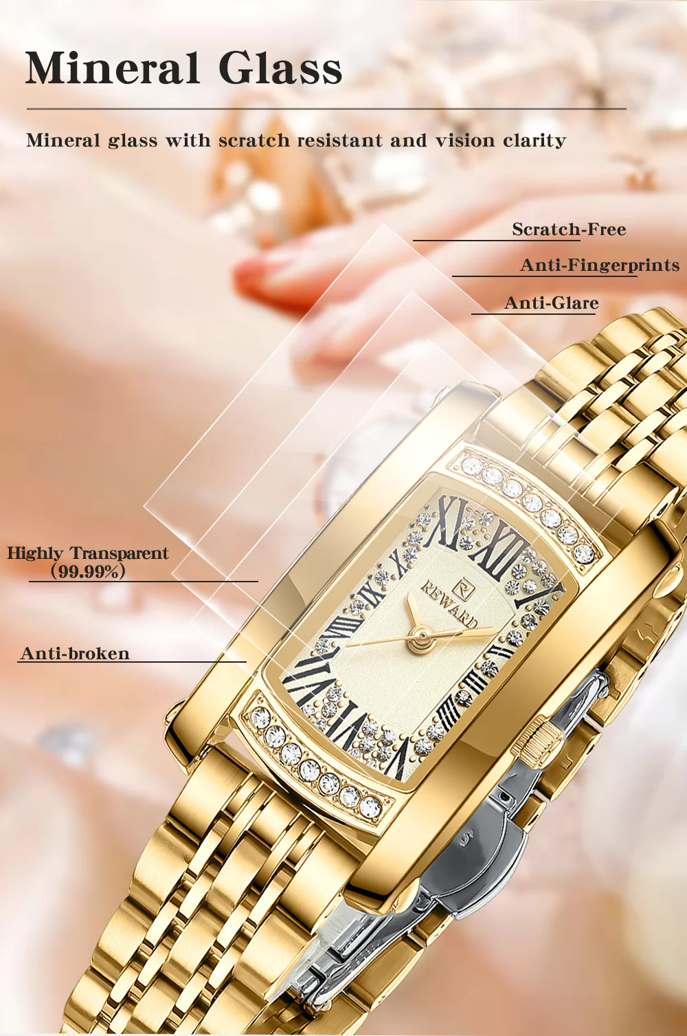 REWARD RD21551L Women's Diamond Rectangle Steel Strap Quartz Watch