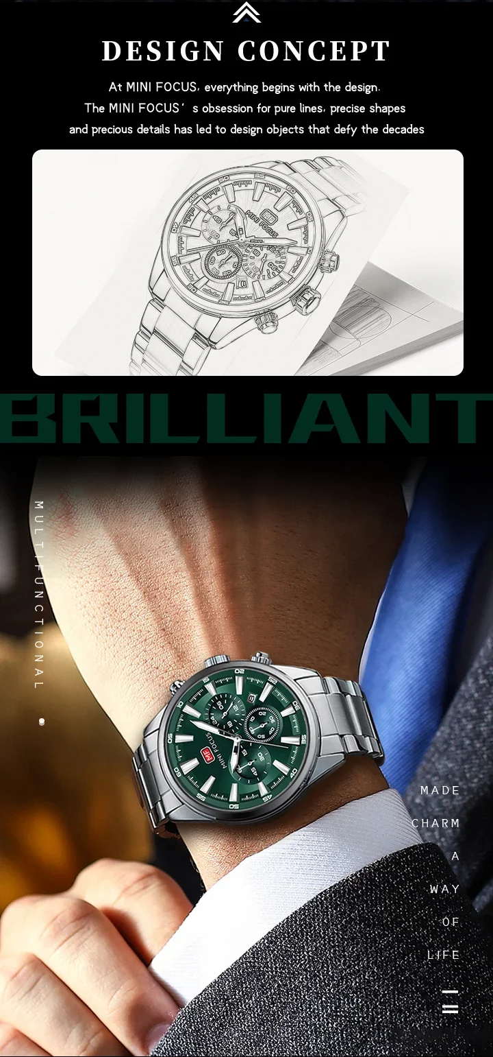 MINI FOCUS MF0634G New Men Calendar Chronograph Quartz Wristwatch