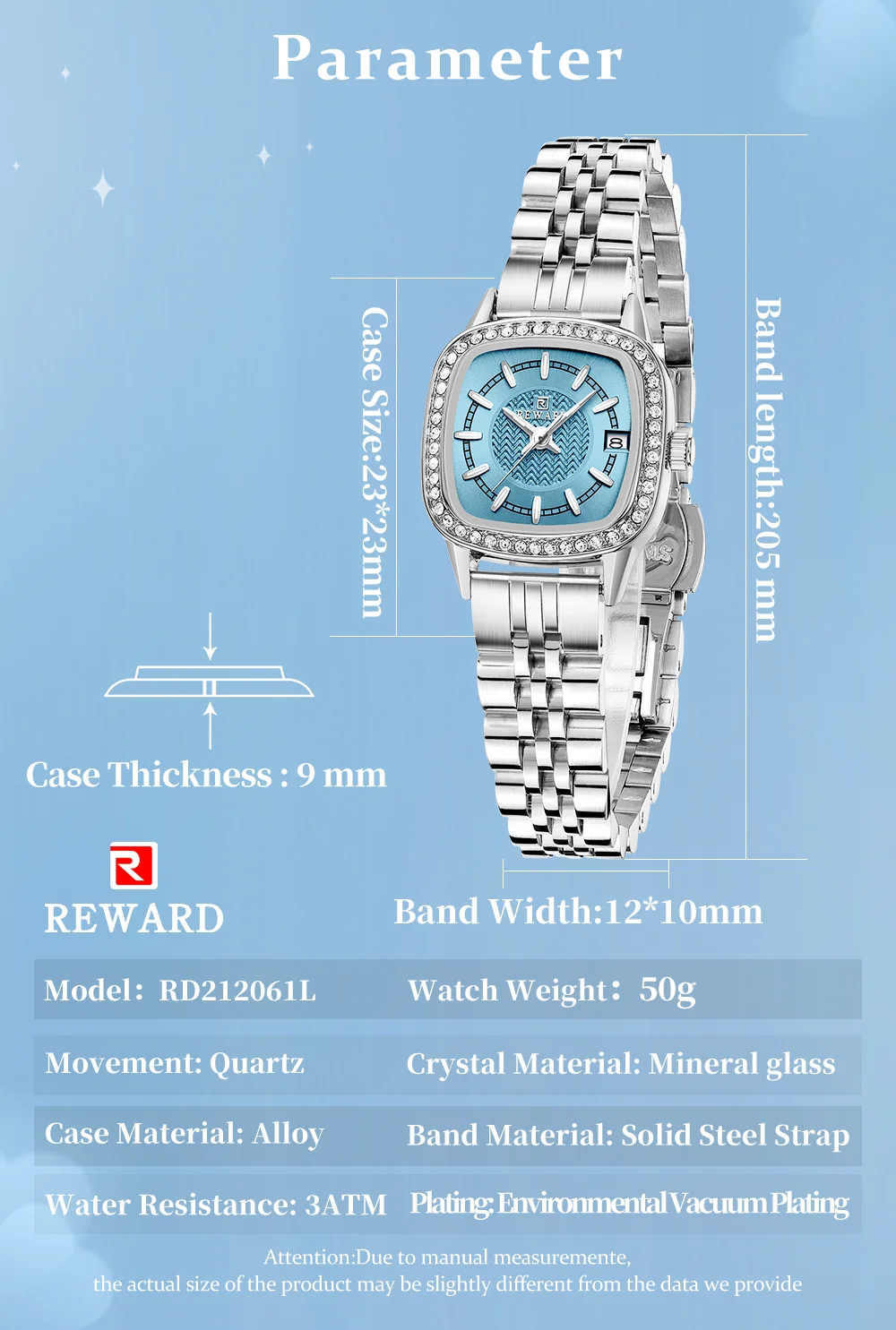 Reward RD212061L Waterproof Square Diamond Lady Bracelet Luxury Dress Watch