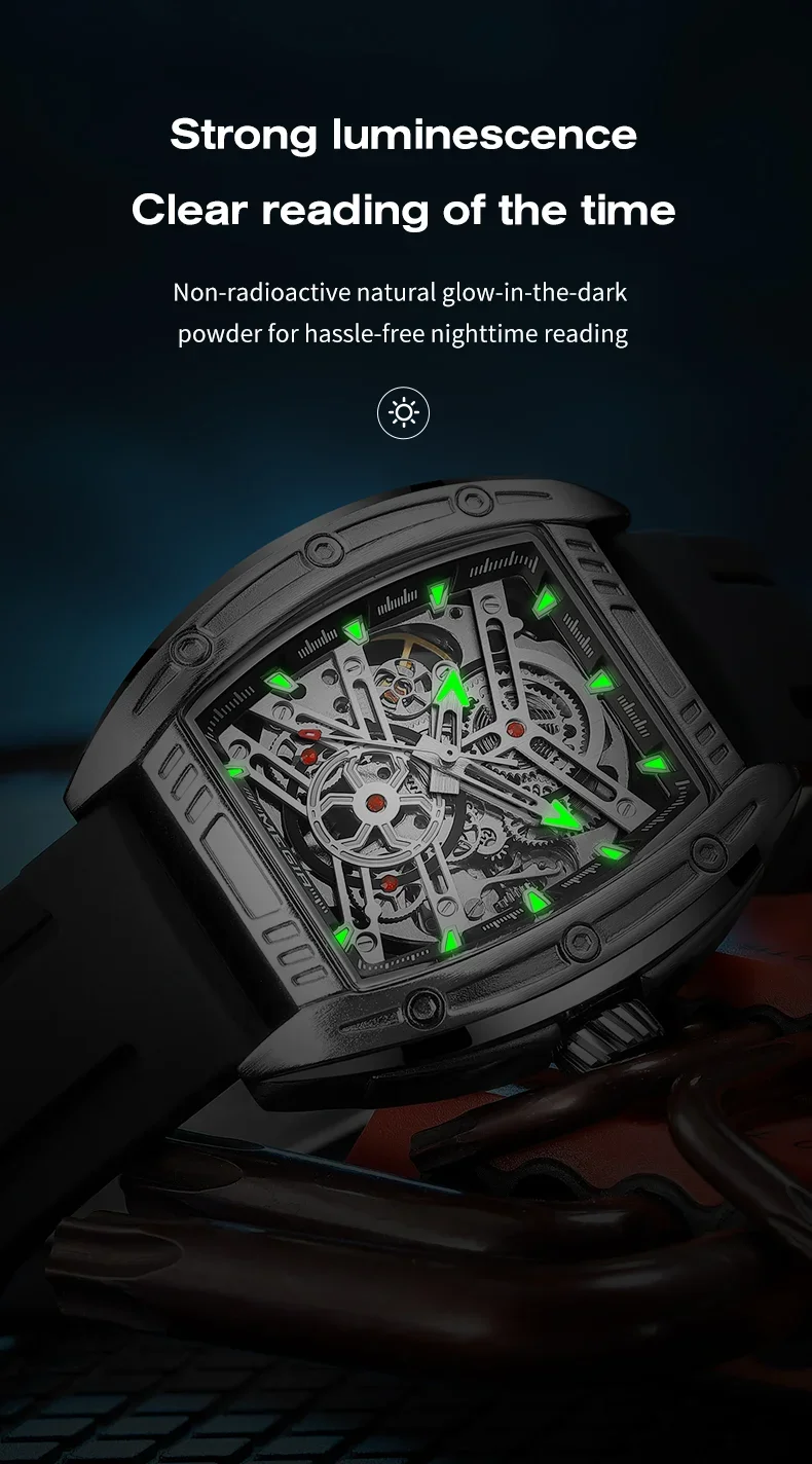 Megir 8601 skeleton dial close-up showing exposed automatic movement