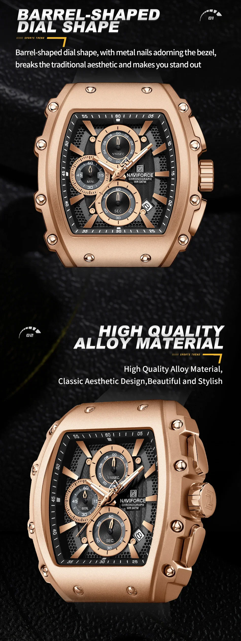 NAVIFORCE NF8070 3-Subdial Men's Sports Waterproof Quartz Watches