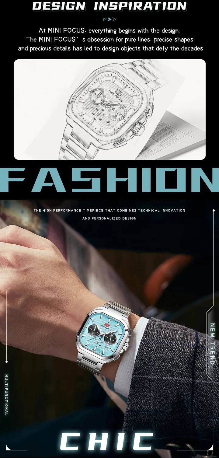 MINI FOCUS MF0622G Men's Quartz Luminous Square Watches Auto Date