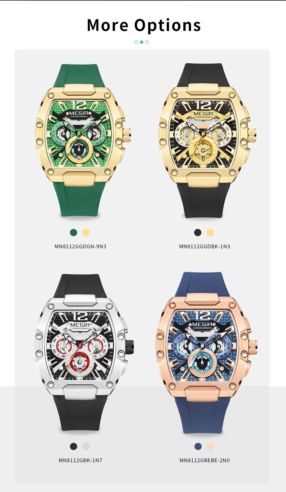 Megir 8112G glow in the dark sport quartz watch with three dials