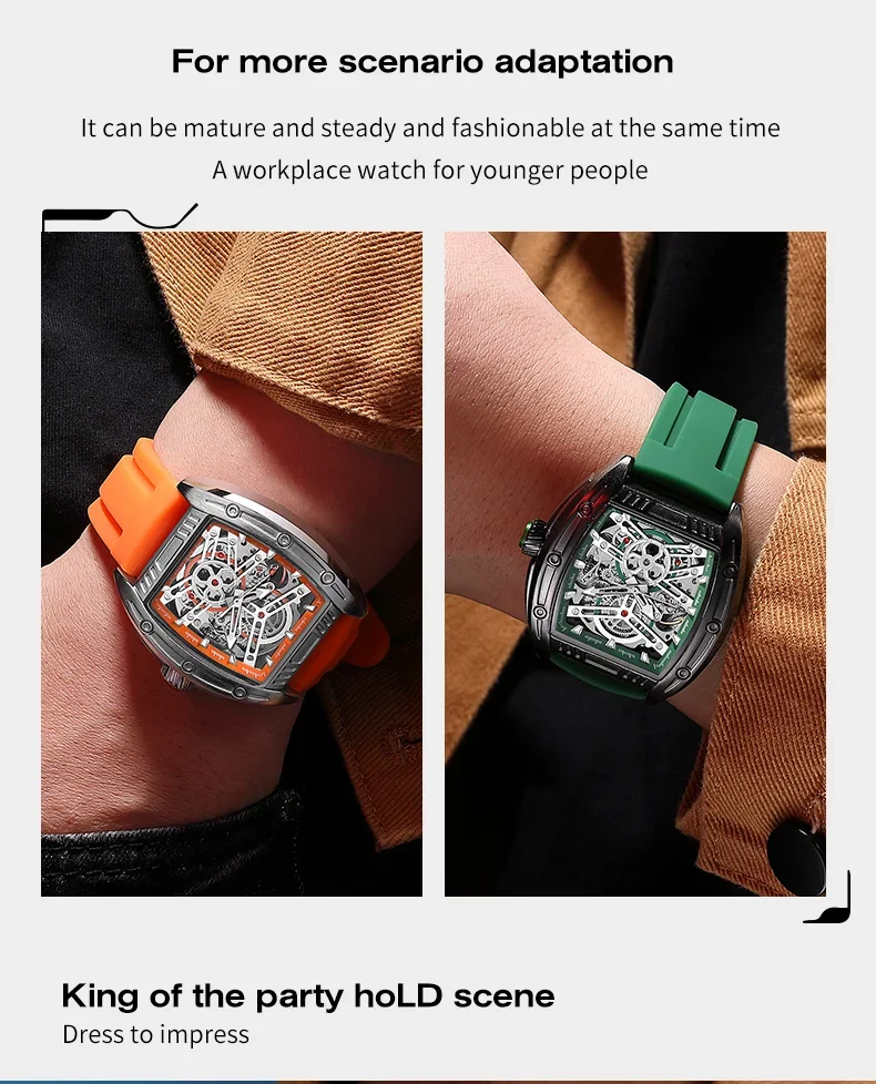 Megir 8601 Square Skeleton Automatic Mechanical Mens Watch Factory Direct
