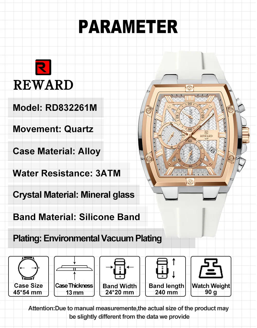 Reward RD832261M Fashion Tonneau Dial Men Watch Silicone Strap Luminous Hands
