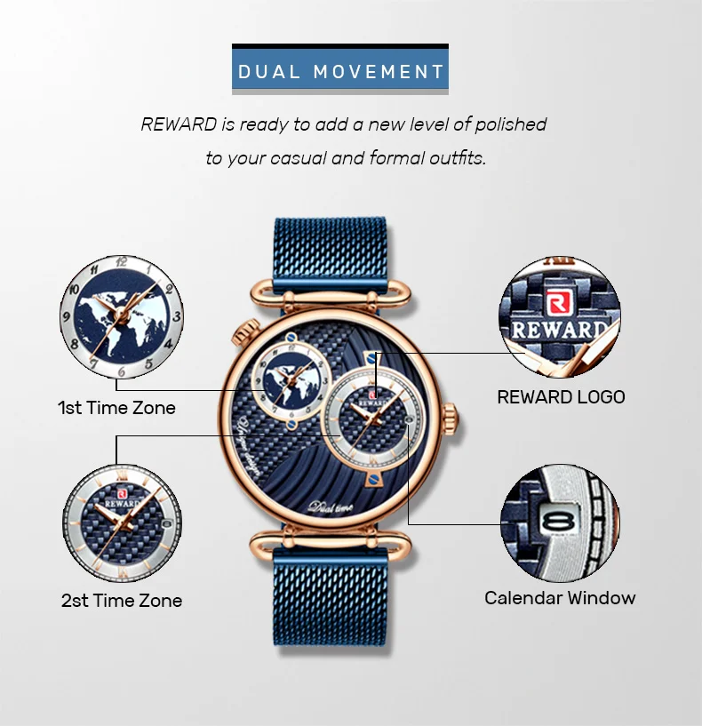 REWARD RD62002M Men's Luminous Auto Date Double Time Zone Watches