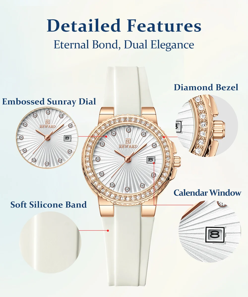 Close-up of the REWARD RD231780L waterproof quartz watch on a woman's wrist